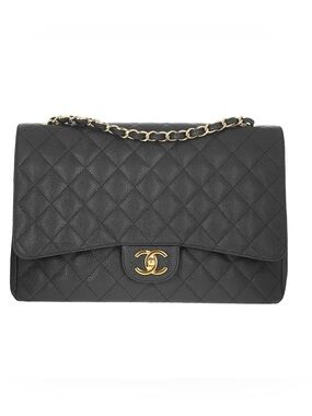 Authentic CHANEL Maxi classic black caviar leather gold hardware bag